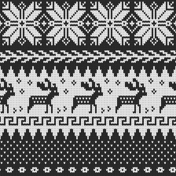 Black & White retro winter holiday knit Vector Pattern. Timeless fair isle knitting texture with reindeer and folk motifs in black and white seamless pattern.