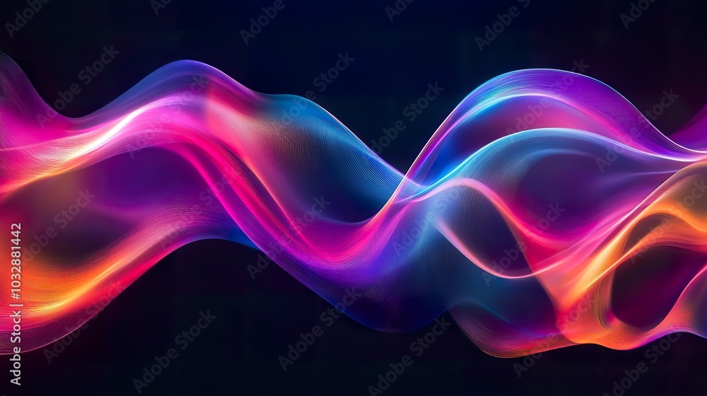 Poster multicolored wavy ornament with shiny gradient lines on a black background