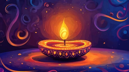 A beautifully detailed oil lamp shines brightly amidst a rich swirling background. The warm glow signifies the celebration of Diwali the festival of lights illuminating the festive spirit