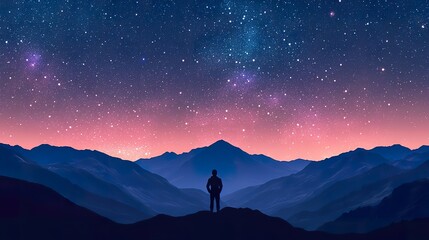 Tourist standing in front of mountains and a starry sky at night