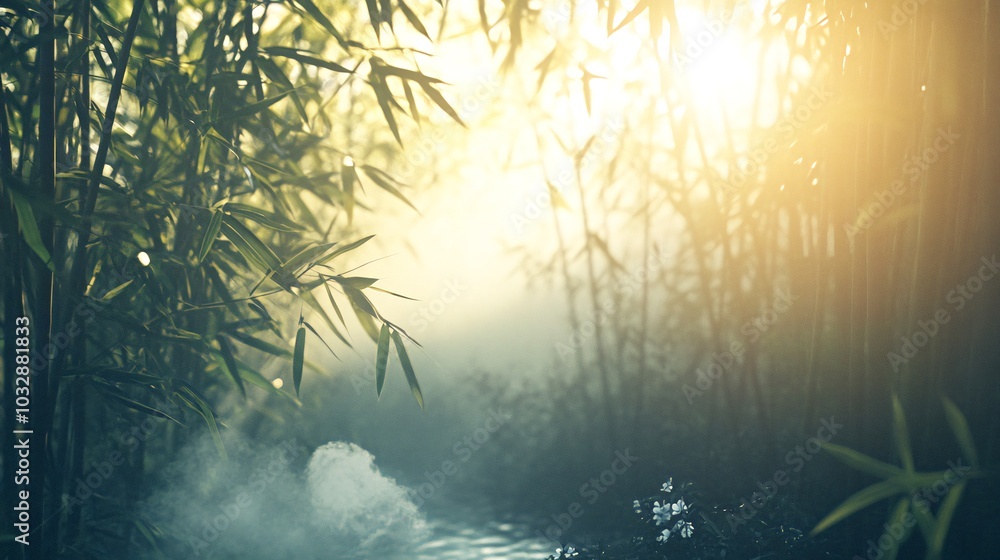Poster sunbeams illuminate a misty bamboo forest with a small stream flowing through.
