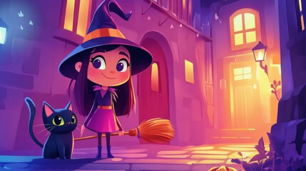 Fototapeta premium one Cute little witch with broom cartoon a cat magic halloween card and fantasy young girl character in costume hat