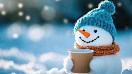Obraz premium Christmas Background, Winter Wonderland, Cheerful snowman holding a cup, snowy landscape, winter atmosphere.