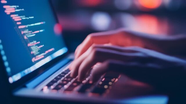 Software developer passionately codes late at night in a dimly lit room, creating digital wonders on a laptop