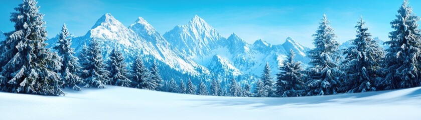 Obraz premium Christmas Background, Winter Wonderland, Snowy mountain landscape with evergreen trees under a clear blue sky.