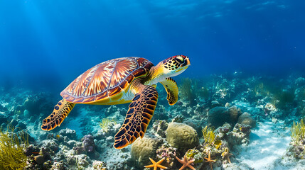 An Exquisite Sea Turtle Roaming Through a Colorful Coral Garden Under Crystal Blue Waters