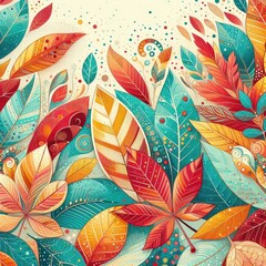 vibrant autumn-themed illustration featuring an array of colorful leaves in shades of red, orange, yellow, and turquoise, layered over a light background. 
