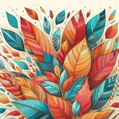 vibrant autumn-themed illustration featuring an array of colorful leaves in shades of red, orange, yellow, and turquoise, layered over a light background. 