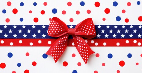 Obraz premium Patriotic view of a red, white, and blue ribbon with a bow on an isolated background USA Day ribbon banner with copy space Generative AI