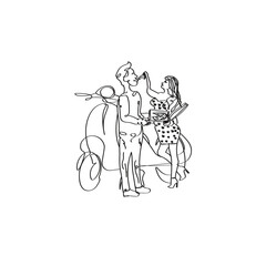 a couple on yellow scooter with pizza vector art illustration