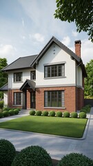 Modern Two-Story Home with Brick Facade and Lush Greenery