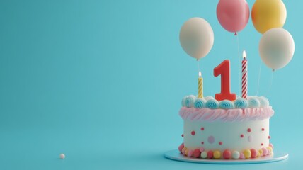 Delightful first birthday cake adorned with a number 1 candle and vibrant balloons, set against a blue background with ample copy space