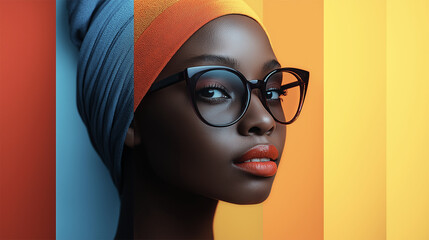 Black woman with glasses and headwrap against bold colorful background, minimalist portrait
