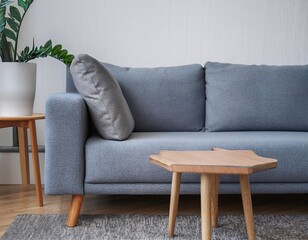 close-up of gray sofa and wooden table inside a modern apartment. generative ai