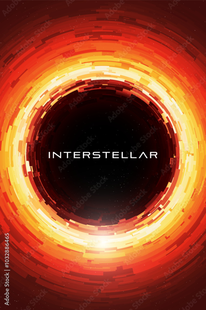 Poster abstract digital black hole surrounded by glowing concentric pixelated dynamic layers of light and e