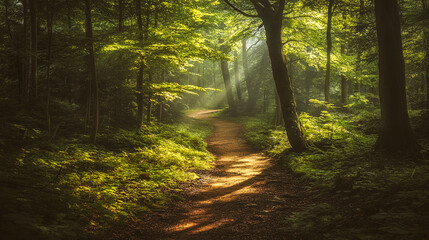 Peaceful path in a park, the trees with green foliage. Summer forest flooded with sunlight. Warm rays of light break through the tree crowns, foliage.