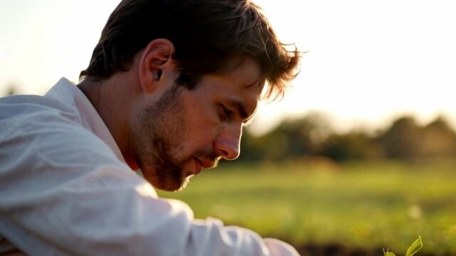 A young, smart farmer tousled brown hair intensely examines the soil, He holds a small seedling in one hand and a soil testing kit in the other