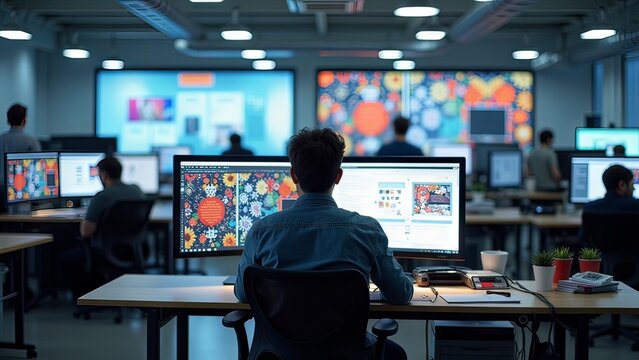 Generative, AI, Office worker at a computer in a modern open space office with multiple screens and colleagues.

