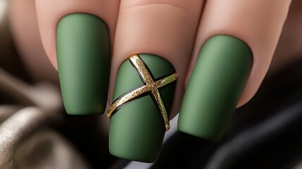 Matte olive green nails with gold X-shaped line design, close-up hyper-realistic shot