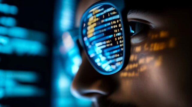 Software developer coding late at night, surrounded by technology and lines of code, exploring programming languages and the future of technology
