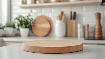 Wooden round board on kitchen counter with blurred white interior, product display mockup
