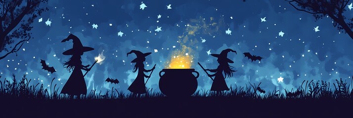 Witches and Cauldron With Starry Night Sky Website Banner