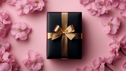 elegant black gift box with gold ribbon surrounded by pink flowers on pink background