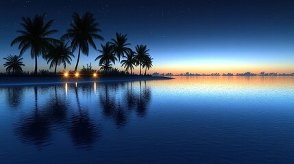Serene twilight over a calm tropical lagoon.
