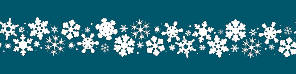 snowflakes seamless vector border with a lot of different white snowflakes located in a horizontal strip. winter repeating background for greeting, invitation, fabric, packaging, backdrop