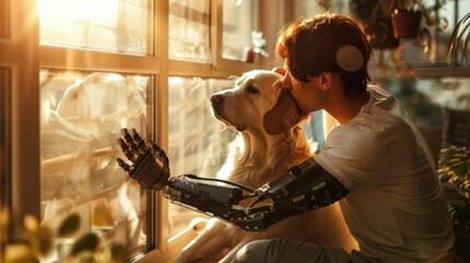 By the window, a man with a prosthetic arm gently hugs his dog, their eyes reflecting the love and trust they share.