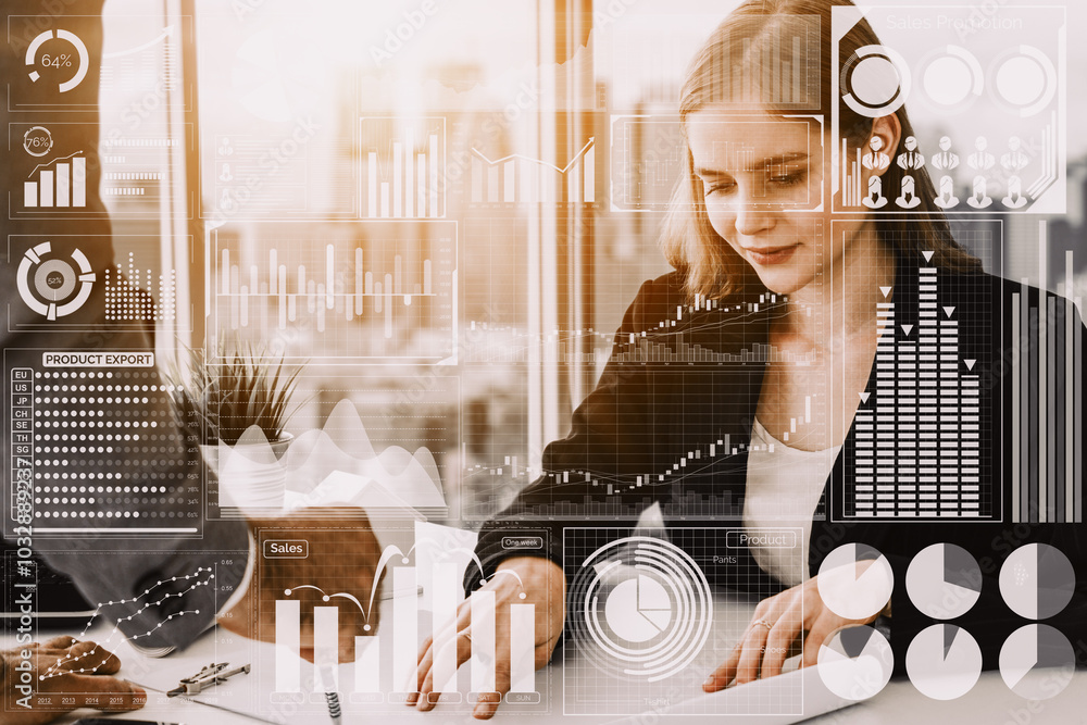 Poster big data technology for business finance analytic concept. modern interface shows massive informatio