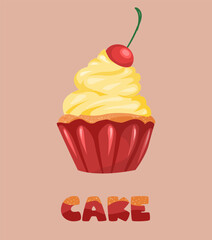 Cupcake with red cherry and cream on red tartlet. Style cute colorful text. Food illustration of delicious cupcake for coffee shop, bakery, cafe. Printing on a banner, sticker, for website