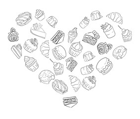 Cheesecake hand drawn, cupcake and donut. dessert vector black line page for decor or book and print on postcard. Bake sweet dessert heart shape. Line art set food.