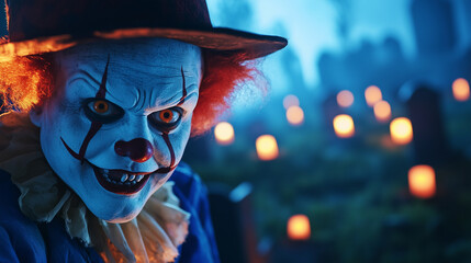 Creepy Clown in a Haunted Graveyard at Night A sinister-looking clown dressed in tattered clothes and a vintage hat stands ominously in the foreground. The eerie graveyard scene is