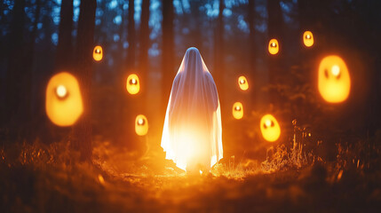 Spooky Ghosts in the Dark Forest at Night, Surrounded by Firelight A mysterious figure draped in a white sheet stands in the middle of a dark forest, surrounded by floating ghostly