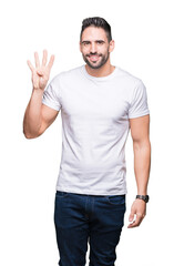 Fototapeta premium Young man wearing casual white t-shirt over isolated background showing and pointing up with fingers number four while smiling confident and happy.