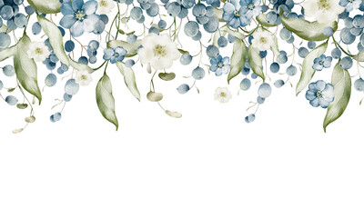 Grape seamless border with green plant on isolated background. Watercolor Botanical banner of template with bilberry for wedding invitation cards. Hand-drawn pattern with black rowan for postcards. © Elena