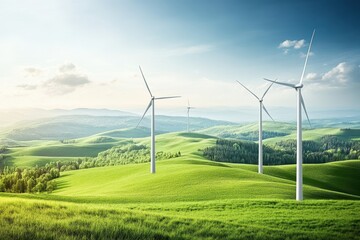 Wind turbines on green field with blue sky and hills, sustainable energy concept