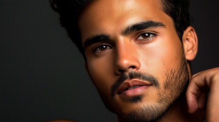 Obraz premium close up of a handsome young man with a beard and a dark gray background