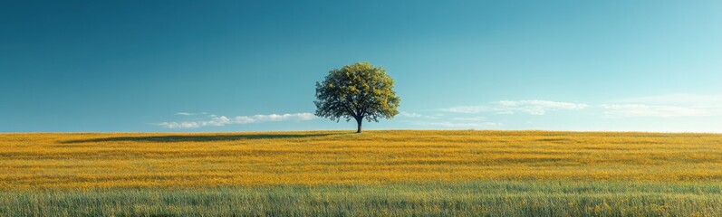 Lone tree standing alone in a field of yellow flowers