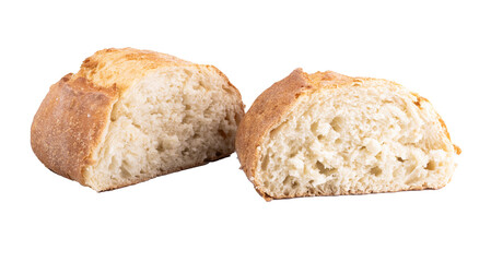 round white artisan homemade italian bread sliced ​​in half front isolated