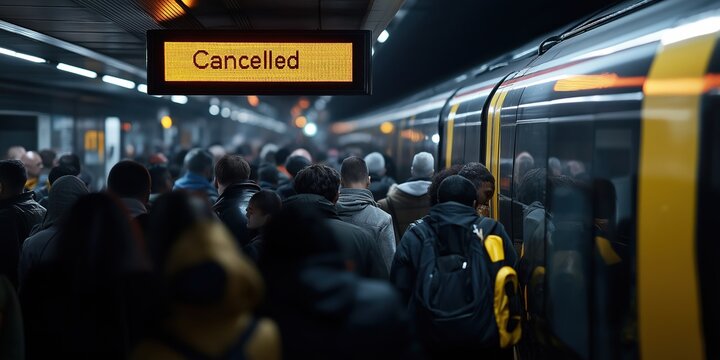 A close-up of the interior of an Underground train, the LED display showing "Cancelled" in bright yellow text