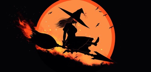 Fototapeta premium a cartoon witch flying on a broomstick against a full moon, featuring a Halloween concept with an orange sky and a yellow glowing light effect
