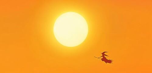 Fototapeta premium a cartoon witch flying on a broomstick against a full moon, featuring a Halloween concept with an orange sky and a yellow glowing light effect
