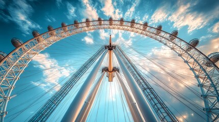 a ground-level image of a ferris wheel that captures the excitement of its spinning cabins against the sky and its massive construction