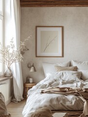 Bright Bedroom with White Sheets and Wall Art