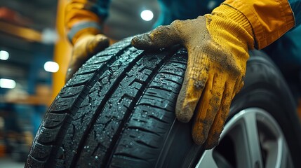 Mechanic's hands working on a tire in a repair shop