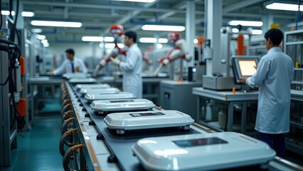 Fototapeta premium Generative, AI, Industrial robots operating on a factory assembly line with workers monitoring production process.