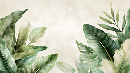 A peaceful design of tropical leaves in soft shades of green arranged in a flowing pattern creating a sense of calm