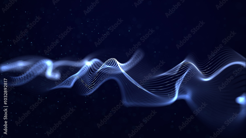 Poster particles blue wave cyber technology black background loop. abstract seamless animation of mesh glow